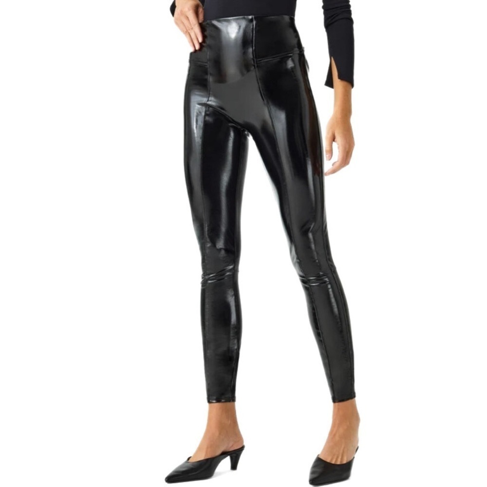 Spanx Black Faux Leather High-Rise Patent Shapewear Leggings Size Small